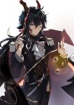 1boy absurdres animal_ears arknights ascot bangs baton_(conducting) belt black_hair black_jacket black_pants brooch commentary_request cowboy_shot ebenholz_(arknights) epaulettes hair_between_eyes highres holding horns jacket jewelry long_hair long_sleeves looking_at_viewer pants qin_yang solo standing violet_eyes white_ascot white_background white_belt