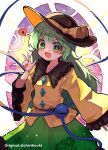  1girl alternate_hair_length alternate_hairstyle black_headwear blush bow eyebrows_visible_through_hair fang frilled_shirt_collar frilled_sleeves frills green_eyes green_hair green_skirt hat hat_bow hat_ribbon heart heart_of_string highres howhow_notei komeiji_koishi long_hair long_sleeves looking_at_viewer open_mouth outline ribbon shirt skin_fang skirt solo third_eye touhou v-shaped_eyebrows very_long_hair w white_outline wide_sleeves yellow_bow yellow_ribbon yellow_shirt 