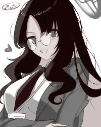  1girl black_hair black_necktie blue_archive breasts commentary_request female_sensei_(blue_archive) genderswap genderswap_(mtf) glasses grey_eyes grey_halo grey_jacket halo heart highres id_card jacket long_hair medium_breasts minchia_(wncm5544) necktie sensei_(blue_archive) sensei_(blue_archive_the_animation) shirt simple_background solo white_background white_shirt 