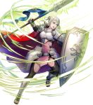  1girl alternate_costume armor asatani_tomoyo bangs bodysuit bodysuit_under_clothes breastplate cape dress effie_(fire_emblem) fire_emblem fire_emblem_fates fire_emblem_heroes full_body gauntlets green_eyes grey_hair hair_bun highres holding holding_polearm holding_weapon leg_up looking_away non-web_source official_art open_mouth pelvic_curtain polearm red_cape sandals shield shiny shiny_clothes shiny_hair short_dress shoulder_armor single_hair_bun solo spear teeth toeless_footwear toes transparent_background weapon 