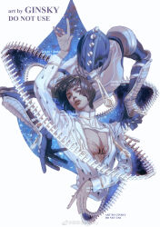  1boy 1other absurdres arm_up black_hair blue_eyes blue_helmet blunt_bangs bob_cut bruno_bucciarati chest_tattoo chinese_commentary cleavage_cutout clothing_cutout commentary_request ginsky2000 hand_up helmet highres jacket jojo_no_kimyou_na_bouken long_sleeves looking_at_viewer male_focus parted_lips pectoral_cleavage pectorals short_hair spiked_helmet stand_(jojo) sticky_fingers_(stand) tattoo teeth upper_body vento_aureo weibo_username white_background white_jacket zipper zipper_pull_tab 