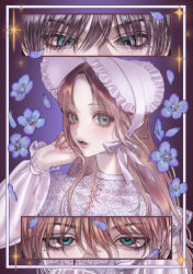  1girl 2boys absurdres blonde_hair blue_eyes bonnet bow brown_hair close-up commentary_request fang flower green_eyes hand_up highres lace_shirt lips long_hair long_sleeves looking_at_viewer looking_down mole mole_under_eye multiple_boys omochi0142 original parted_bangs parted_lips pink_nails puffy_long_sleeves puffy_sleeves sparkle violet_(flower) 