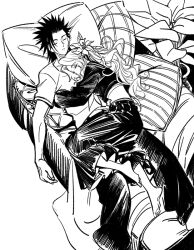  1boy 1girl aerith_gainsborough aerith_gainsborough_(midgard_seventh_high_school) bandaid bandaid_on_cheek bandaid_on_face barefoot black_hair black_sailor_collar black_serafuku couple cropped_shirt cuddling feet final_fantasy final_fantasy_vii final_fantasy_vii_ever_crisis flower full_body hair_flower hair_ornament hug huosheanng long_hair long_skirt long_sleeves lying midriff official_alternate_costume on_back on_side pillow sailor_collar school_uniform serafuku shirt short_sleeves skirt sleeping spiky_hair zack_fair zack_fair_(midgard_seventh_high_school) 