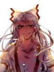  1girl aihara-rina bow buttons floating_hair fujiwara_no_mokou grin hair_between_eyes hair_bow highres long_hair long_sleeves looking_at_viewer red_eyes shirt simple_background smile suspenders teeth touhou tsurime upper_body v-shaped_eyebrows very_long_hair white_background white_bow white_hair white_shirt 