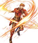  1boy arm_guards armor bangs boots brown_eyes brown_footwear brown_hair brown_pants fingerless_gloves fire_emblem fire_emblem:_the_blazing_blade fire_emblem_heroes gloves highres holding holding_sword holding_weapon kent_(fire_emblem) knee_boots long_sleeves looking_away male_focus non-web_source official_art open_mouth pants shiny shiny_hair short_hair shoulder_armor sword takaya_tomohide transparent_background turtleneck weapon 