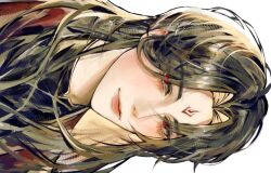  1boy ameadesu bishounen black_hanfu black_outline blush brown_hair chinese_clothes closed_mouth curtained_hair eyelashes hanfu heart heart-shaped_pupils highres long_hair looking_at_viewer luo_binghe male_focus outline parted_bangs pink_lips portrait red_eyes red_hanfu renzha_fanpai_zijiu_xitong simple_background solo symbol-shaped_pupils white_background zuiyin 