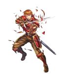  1boy arm_guards armor bangs boots broken_armor brown_eyes brown_footwear brown_hair brown_pants fingerless_gloves fire_emblem fire_emblem:_the_blazing_blade fire_emblem_heroes gloves highres holding holding_sword holding_weapon kent_(fire_emblem) knee_boots long_sleeves male_focus non-web_source official_art pants shiny shiny_hair short_hair shoulder_armor solo sword takaya_tomohide torn_clothes transparent_background turtleneck weapon 