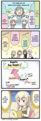 4koma 5girls bang_dream! blonde_hair blue_hair brown_hair comic english_text glasses hikawa_hina holding_book long_sleeves maruyama_aya medium_hair official_art pastel_palettes pink_hair shirasagi_chisato speech_bubble sweatdrop translated wakamiya_eve white_hair yamato_maya