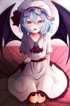  1girl ascot bat_wings blue_hair blush brooch dress fang frills hair_between_eyes hat hat_ribbon highres jewelry looking_at_viewer mob_cap open_mouth puffy_short_sleeves puffy_sleeves red_eyes remilia_scarlet ribbon short_hair short_sleeves sitting solo tears touhou wings wrist_cuffs yamazakura118 