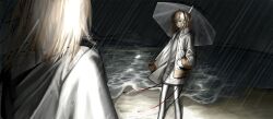  a.i._voice adachi_rei cable hand_in_pocket highres hirune_(suiminbusoku118) holding holding_umbrella jacket night open_clothes open_jacket outdoors rain standing umbrella utau water white_jacket 