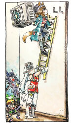  4girls :3 all_fours animal_ears beanie black_hair blunt_bangs boots border bow brown_hair chest_harness climbing_ladder coat commentary condenser_unit denim ear_bow ears_through_headwear fenomeno_(umamusume) fingerless_gloves genba_neko_(meme) gloves gold_ship_(umamusume) grey_hair grey_hat hard_hat harness hat helmet highres holding_ladder horse_ears horse_girl horse_tail jacket jeans ladder long_hair long_sleeves looking_at_another looking_up meme messy_hair midriff morisshii_(morishiey) multiple_girls nakayama_festa_(umamusume) o-ring_strap open_clothes open_coat open_mouth pants pillbox_hat pointing pointing_at_another pose_imitation purple_hair sketch sleeves_rolled_up smile surprised tail torn_clothes torn_jeans torn_pants tosen_jordan_(umamusume) traditional_media trench_coat umamusume white_boots white_gloves yellow_helmet 