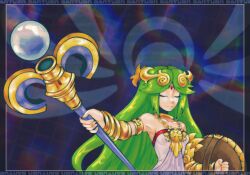  1girl bare_shoulders breasts circlet clenched_hand closed_eyes collarbone green_eyes green_hair highres holding holding_staff kid_icarus kid_icarus_uprising palutena santurn shield solo staff 