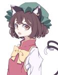  1girl absurdres animal_ear_fluff animal_ears bow bowtie brown_eyes brown_hair cat_ears cat_tail chen green_headwear hat highres kame_(kamepan44231) long_sleeves mob_cap multiple_tails red_vest shirt short_hair simple_background solo tail touhou two_tails vest white_background white_shirt yellow_bow yellow_bowtie 