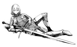  1girl armet armor chainmail commission couter cuirass cuisses full_armor gauntlets greaves highres holding holding_sword holding_weapon knight looking_at_viewer lying medieval monochrome on_side original pirata_(gailtonatiu) plate_armor poleyn rerebrace rondel sabaton short_hair shoulder_armor signature solo sword tree weapon zweihander 