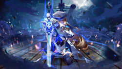  1girl absurdres aura blonde_hair blue_eyes boots chinese_commentary closed_mouth clouds coat crack cracked_floor crotch debris drill_hair forehead genshin_impact gloves gold_trim hat highres hoyofair lifeline_(a384079959) long_hair long_sleeves navia_(genshin_impact) on_one_knee outdoors sailor_hat scenery serious ship ship_deck ship_turret solo sparkle sparks sword thigh_boots torn_clothes torn_coat v-shaped_eyebrows watercraft weapon white_coat white_gloves white_sleeves 