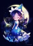  1girl blue_dress chibi closed_eyes closed_mouth clouds commentary_request cookie_run crescent_moon crying dress earrings elbow_gloves gloves hat highres humanization jewelry long_hair moon moonlight_cookie mooooong1008 purple_hair ruck solo strapless strapless_dress tears very_long_hair white_gloves 
