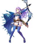  1girl aqua_eyes armor arrow_(projectile) bangs belt blue_cape blue_footwear blue_gloves boots bow_(weapon) breastplate cape chachie closed_mouth dress elbow_gloves feathers fingerless_gloves fire_emblem fire_emblem:_the_blazing_blade fire_emblem_heroes florina_(fire_emblem) full_body gloves hair_ornament headband highres holding holding_bow_(weapon) holding_weapon long_hair looking_at_viewer looking_away non-web_source official_art purple_hair quiver shiny shiny_hair short_dress short_sleeves shoulder_armor skirt smile solo standing thigh_boots transparent_background weapon white_dress zettai_ryouiki 