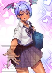  1girl black_skirt blush cowboy_shot dark-skinned_female dark_skin darkstalkers demon_girl demon_wings ear_piercing earrings gyaru head_wings heart jewelry lilith_(darkstalkers) open_mouth piercing pleated_skirt purple_background purple_hair rosie_rosie school_uniform shirt short_hair simple_background skirt smile solo sparkle violet_eyes white_background white_shirt wings 