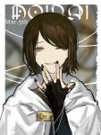  1girl black_gloves black_nails brown_hair brown_shirt coat elbow_gloves gloves grey_eyes hair_over_one_eye library_of_ruina moirai_(library_of_ruina) nishikujic open_mouth project_moon puppet_strings shirt short_hair smile string teeth white_coat 