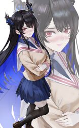 1girl absurdres alternate_costume asymmetrical_horns black_hair blue_hair blue_shirt blunt_bangs blush brown_jacket clannad closed_mouth colored_inner_hair crossed_arms demon_horns dhbwinner flower highres hikarizaka_private_high_school_uniform hololive hololive_english horn_flower horns jacket long_hair looking_at_viewer mole mole_under_eye multicolored_hair nerissa_ravencroft plaid_clothes plaid_skirt red_eyes sailor_collar school_uniform shirt sidelocks simple_background skirt sleeve_cuffs smile solo standing straight_hair undershirt uneven_horns very_long_hair violet_eyes virtual_youtuber white_background white_sailor_collar zoom_layer 