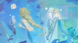  ! 2girls ? absurdres air_bubble bare_arms bare_shoulders black_boots black_pants black_shirt blonde_hair blue_background boots bubble clipboard closed_eyes coat eyes_visible_through_hair face-to-face facing_away finger_to_another's_mouth fish from_above from_side full_body hair_over_one_eye heart highres holding holding_clipboard holding_pen lab_coat long_braid long_hair looking_at_another looking_up luori_dianxin mermaid monster_girl multiple_girls on_ladder one_eye_covered pants pen profile reverse:1999 shirt speech_bubble spoken_character spoken_exclamation_mark spoken_heart spoken_question_mark standing tank_(container) tank_top tile_floor tiles upper_body very_long_hair vila_(reverse:1999) white_coat white_hair white_tank_top windsong_(reverse:1999) 