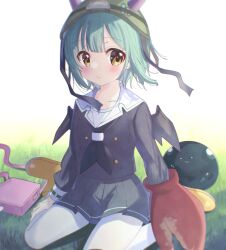  1girl bungo_yayoi crab_claw fake_horns green_hair hat heaven_burns_red helmet highres horns minami773 narvy_(heaven_burns_red) pantyhose sailor_collar short_hair skirt white_pantyhose yellow_eyes 