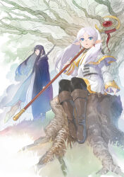 2girls black_pantyhose blue_eyes boots earrings elf fern_(sousou_no_frieren) frieren highres hirokiku holding holding_staff holding_weapon jewelry magician multiple_girls open_clothes pantyhose pointy_ears robe sitting sousou_no_frieren staff standing tree violet_eyes weapon white_hair 
