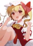  1girl :d ascot blonde_hair bloomers bow crystal eyebrows_visible_through_hair flandre_scarlet highres kamachi_(kamati0maru) knees_up looking_at_viewer one_side_up open_mouth red_bow red_eyes red_skirt red_vest shirt simple_background sitting skirt smile solo touhou underwear vest white_background white_headwear white_shirt wings yellow_ascot 