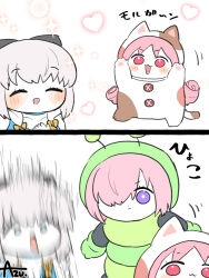  3girls azu_(kirara310) black_bow blue_eyes blush bow closed_eyes fate/grand_order fate_(series) habetrot_(fate) hair_between_eyes hair_bow hair_over_one_eye highres long_hair looking_at_viewer mash_kyrielight morgan_le_fay_(fate) morgan_le_fay_(second_ascension)_(fate) multiple_girls open_mouth pink_hair simple_background smile 