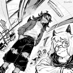 1girl 2others 3boys artist_name berdly_(deltarune) chara_(undertale) deltarune dutch_angle english_commentary frisk_(undertale) furry glasses greyscale hands_in_pockets highres horns hospital indoors intravenous_drip jacket long_hair looking_at_viewer mettaton mettaton_(box) monochrome multiple_others nicomikha pants ralsei shirt standing susie_(deltarune) torn_clothes torn_pants undertale utdr_(toby_fox)