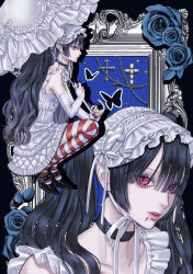  1boy absurdres adam&#039;s_apple black_choker black_hair black_shoes blue_background blue_flower blue_rose bug butterfly choker commentary cross crossdressing crossdressing_(mtf) dress face_piercing flower frilled_dress frilled_hairband frills from_side full_body gothic_lolita hairband high_heels highres holding holding_umbrella labret_piercing lolita_fashion lolita_hairband long_hair looking_at_viewer male_focus multicolored_thighhighs multiple_views omochi0142 parasol picture_frame piercing portrait red_thighhighs rose shoes sidelocks sleeveless squatting striped_clothes striped_thighhighs thigh-highs trap twintails umbrella very_long_hair violet_eyes white_arm_warmers white_dress white_hairband white_thighhighs 