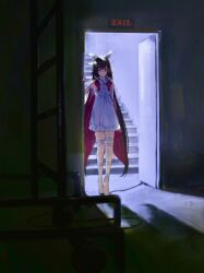  1girl absurdres arm_behind_back backlighting bandaged_arm bandaged_leg bandages barefoot black_hair blunt_bangs blunt_tresses bow bowtie closed_mouth colored_inner_hair colored_tips columbina_(genshin_impact) cowlick doorway dress exit_sign eye_mask eyelashes eyes_visible_through_eyewear full_body fuyutsuki11 genshin_impact hair_ribbon hand_up head_wings highres long_hair looking_at_viewer multicolored_hair multiple_wings pink_hair red_eyes ribbon shadow sleeveless sleeveless_dress smile solo stairs standing streaked_hair toes tress_ribbon very_long_hair white_bow white_bowtie white_dress white_mask white_wings wings 