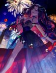  1girl bangs bare_legs black_choker black_dress black_hair black_ribbon blue_eyes breasts choker colored_inner_hair dress elizabeth_tower fate/grand_order fate_(series) fireworks gem hair_ribbon highres holding holding_gem long_dress looking_at_viewer multicolored_hair night night_sky official_alternate_costume one_eye_closed open_mouth outdoors parted_bangs redhead ribbon sky small_breasts solo star_(sky) starry_sky thighlet tohsaka_rin twintails two-tone_hair ubwmitekure 