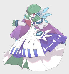  bad_id bad_pixiv_id blush bob_cut clothed_pokemon colored_skin detached_sleeves dress gardevoir gardevoir_(songstress) green_hair green_skin grey_background hair_over_one_eye han0579 highres multicolored_skin pink_eyes pokemon pokemon_(creature) pokemon_unite simple_background two-tone_skin white_dress white_skin 