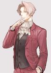  1boy ace_attorney ascot bangs chizuma grey_hair hand_in_pocket hand_up jacket long_sleeves male_focus miles_edgeworth parted_bangs simple_background smile solo 