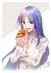  1girl alternate_costume blue_hair breasts dress_shirt eating food highres kantai_collection large_breasts long_hair looking_at_viewer multicolored_hair one-hour_drawing_challenge redhead shirt solo south_dakota_(kancolle) streaked_hair toast u_yuz_xx upper_body 