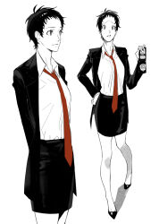  1girl adachi_tooru arms_behind_back black_hair black_jacket black_skirt closed_mouth collared_shirt full_body genderswap genderswap_(mtf) greyscale hand_on_own_hip highres holding jacket long_sleeves looking_at_viewer monochrome multiple_views or_todd pencil_skirt persona persona_4 police police_badge police_uniform policewoman shirt short_hair simple_background skirt spot_color standing white_background 