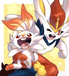  2others animal_ears animal_feet animal_hands animal_nose arm_up arms_up blue_fur body_fur border bright_pupils buck_teeth cinderace clenched_hand commentary english_commentary feet full_body furry happy jumping looking_afar multicolored_fur multiple_others one_eye_closed open_mouth orange_fur other_focus outline outside_border pokemon pokemon_(creature) queen_purrr rabbit_ears rabbit_tail red_eyes red_fur red_hair scorbunny short_hair short_tail smile soles standing star_(symbol) star_symbol_background tail teeth two-tone_fur white_border white_fur white_outline white_pupils yellow_background yellow_fur 