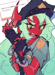  1girl blue_shirt breasts colored_skin cuffs demon_girl fang gloves green_eyes green_hair handcuffs hat highres holding holding_handcuffs horns large_breasts long_hair looking_at_viewer marshmallow_(site) medium_breasts necktie open_mouth panty_&amp;_stocking_with_garterbelt peaked_cap police police_badge police_hat police_uniform policewoman privent_u55r red_skin request_inset scanty_(psg) shirt solo yellow_eyes 