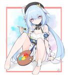  1girl absurdres ankle_cuffs barefoot blue_background blue_hair dress error1980 hat highres honkai_(series) honkai_impact_3rd liliya_olenyeva long_hair looking_at_viewer outline paintbrush palette_(object) red_outline solo thighs violet_eyes white_background 