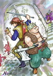  2boys axe back-to-back bandana black_boots blue_shirt boots brown_boots brown_hair brown_vest dragon_quest dragon_quest_viii dungeon facial_hair fighting_stance full_body furrowed_brow green_pants hamster hero_(dq8) highres holding holding_axe holding_polearm holding_sword holding_weapon male_focus monster multiple_boys munchie_(dq8) naga160oji pants parted_lips polearm red_bandana shirt short_hair sleeves_rolled_up spiked_helmet stairs stubble sword tunic vest weapon yangus yellow_pants yellow_tunic 