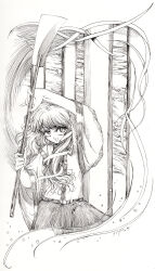  1girl bare_shoulders collared_shirt detached_sleeves dot_nose frog_hair_ornament gohei hair_ornament highres holding holding_gohei kochiya_sanae lake long_hair long_sleeves looking_up monochrome onbashira open_mouth schizos_dq shirt signature simple_background single_sidelock skirt skirt_set sleeveless sleeveless_shirt snake_hair_ornament solo touhou triangle_mouth upper_body wavy_hair white_background wide_sleeves 