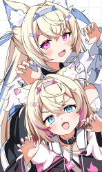  2girls animal_ear_fluff animal_ears bandaid bandaid_hair_ornament black_jacket blonde_hair blue_eyes blue_hair blue_nails blush breasts claw_pose collarbone dog_ears dog_girl frilled_shirt_collar frills fuwawa_abyssgard fuwawa_abyssgard_(1st_costume) hair_between_eyes hair_intakes hair_ornament hairclip highres hololive hololive_english jacket large_breasts long_hair mococo_abyssgard mococo_abyssgard_(1st_costume) multiple_girls nnnure open_mouth parallel_hairclips pink_eyes pink_hair pink_nails shirt short_hair smile white_shirt x_hair_ornament 