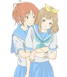  2girls bangs blonde_hair blue_neckerchief blue_sailor_collar blue_skirt blush brown_hair closed_mouth curryisfriend embarrassed green_eyes hair_ribbon hand_up hibike!_euphonium hug hug_from_behind kitauji_high_school_uniform long_hair looking_at_another multiple_girls nakagawa_natsuki neckerchief pleated_skirt ponytail ribbon sailor_collar school_uniform serafuku shirt short_sleeves simple_background skirt smile standing violet_eyes white_background white_shirt yellow_ribbon yoshikawa_yuuko 