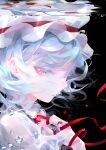  1girl absurdres artist_name blue_hair breasts bubble collared_shirt commentary covered_mouth eyelashes from_side hand_on_own_chest hand_up hat highres looking_at_viewer medium_breasts mob_cap portrait red_eyes red_ribbon remilia_scarlet ribbon shirt sideways_glance solo touhou tsurime tuanz underwater water white_headwear white_shirt 