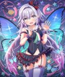  .live 1girl absurdres blush breasts bug butterfly butterfly_wings carro_pino commentary_request hat headband highres long_hair looking_at_viewer medium_breasts navel open_mouth purple_hair silver_s_0119 sleeveless solo thigh-highs violet_eyes virtual_youtuber wings 