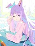  1girl absurdres animal_ears bangs carrying drooling highres horse_ears ligne_claire long_sleeves looking_at_viewer lying mejiro_mcqueen_(umamusume) mouth_drool on_stomach one_eye_closed open_mouth pillow purple_hair rubbing_eyes shirt_tucked_in solo umamusume violet_eyes waking_up wavy_mouth yu_yin 