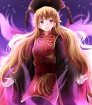 1girl absurdres black_dress blonde_hair chinese_clothes crescent dress energy full_moon gold_trim hat highres junko_(touhou) long_hair long_sleeves looking_at_viewer moon neold red_eyes sash solo tabard touhou very_long_hair wide_sleeves 