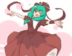  1girl bow dress green_eyes green_hair kagiyama_hina looking_at_viewer mizusoba open_mouth red_bow red_dress red_ribbon ribbon smile solo touhou 