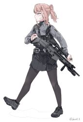  1girl absurdres air_glen artist_name battle_rifle black_pantyhose black_shoes black_skirt closed_mouth collared_sweater fn_scar_17 full_body gauze gauze_on_cheek grey_background grey_sweater gun handgun highres holster holstered medium_hair original pantyhose pink_hair pleated_skirt ponytail rifle scope shoes short_ponytail simple_background skirt sneakers solo sweater turtleneck watch watch weapon 